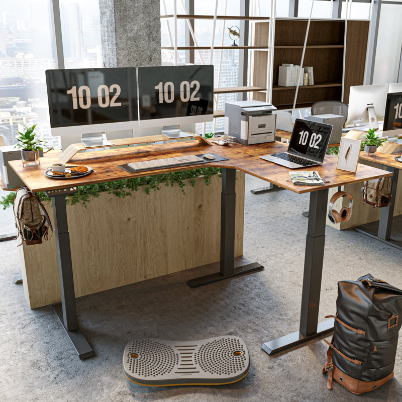 Christeena Height Adjustable L-Shape Standing Desk, Rustic Brown/Black