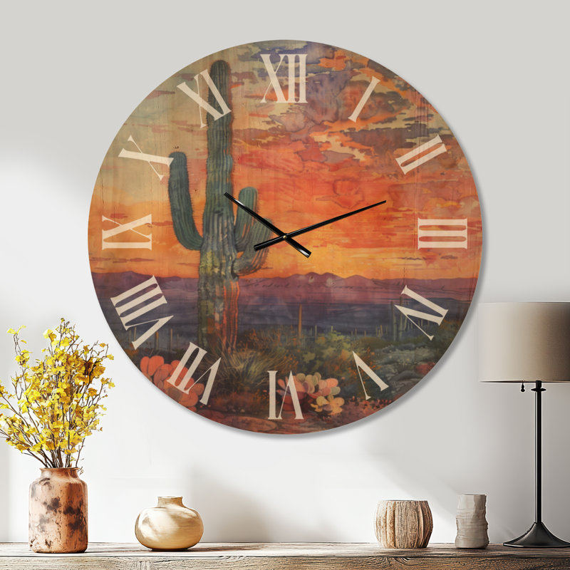 Très grande horloge murale en bois botanique - Cactus Desert Sunset II, Oversized