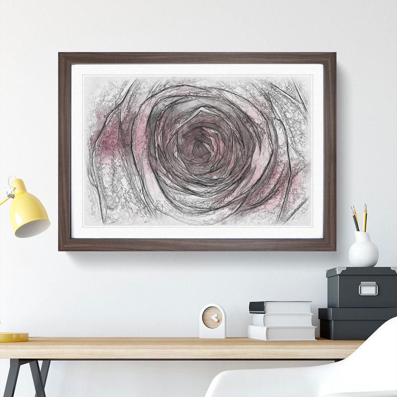 Pink Rose Flower Vol.2 - Picture Frame Drawing, Walnut Framed, 27cm H x 36cm W x 2cm D