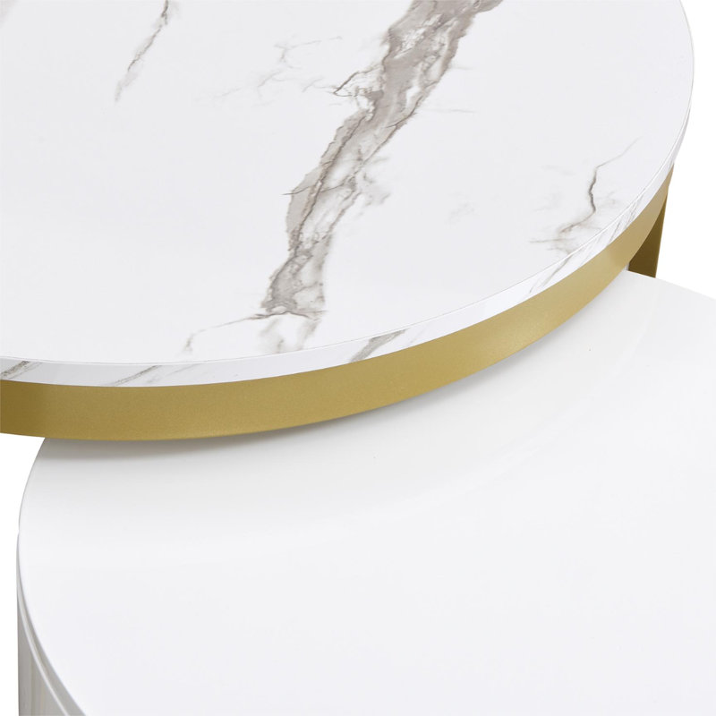 Rotating Round High Gloss Marble Pattern Round Side Table Set (Set Of 2)