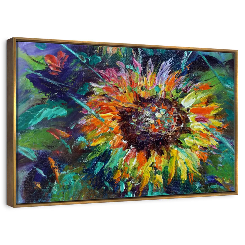 Tournesol coloré, 19 po x 13 po, Cadre flottant doré