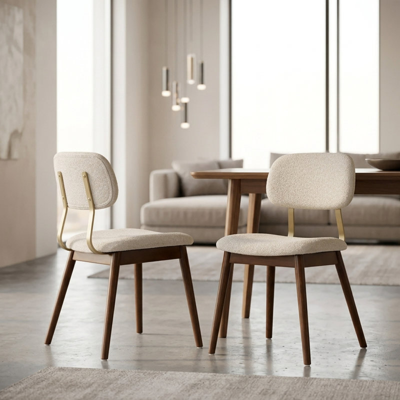Ensemble de 2 chaises de salle à manger de style moderne du milieu du siècle, chaises d'appoint de cuisine rembourrées en tissu avec pieds en bois massif et dossier incurvé ergonomique, beige