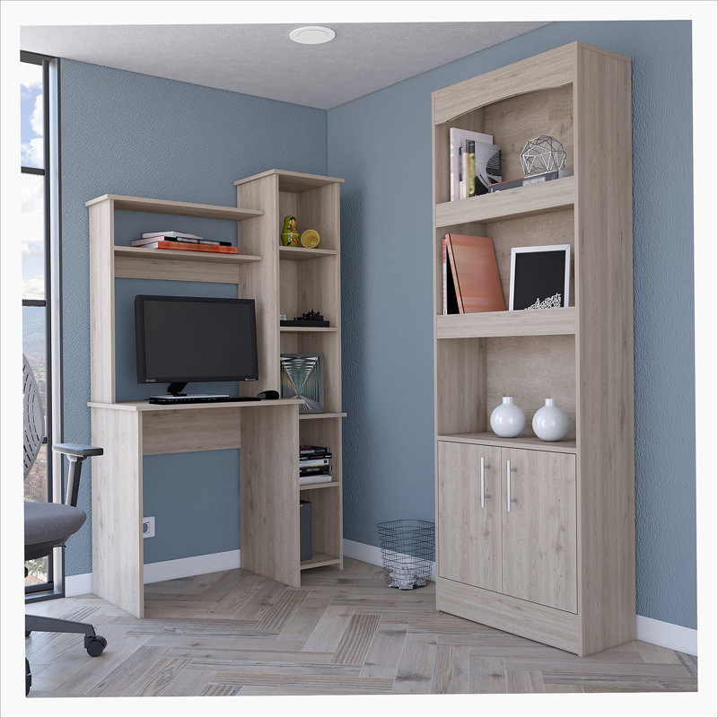 2-Piece Office Set with Bookcase & Desk in Light Gray