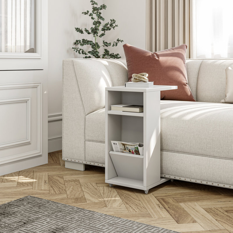 Modern White Side Table with Wheeled Legs, 11.8 x 24.8 x 15.7 inches | 100% Melamine Coated Particle Board, Thickness: 0.7 inches | Versatile & Stylish Design for Living Room, Bedroom, or Office Use