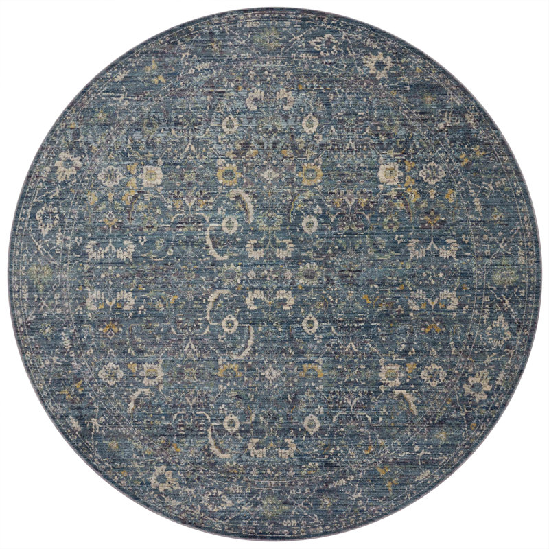 Bradbury Ocean and Gold Round Synthetic Area Rug, 5' Diameter