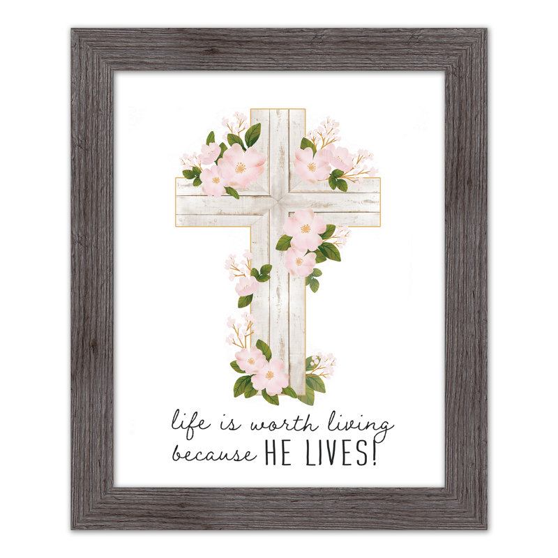 He Lives Floral Cross - cadre photo, impression, Cadre blanc