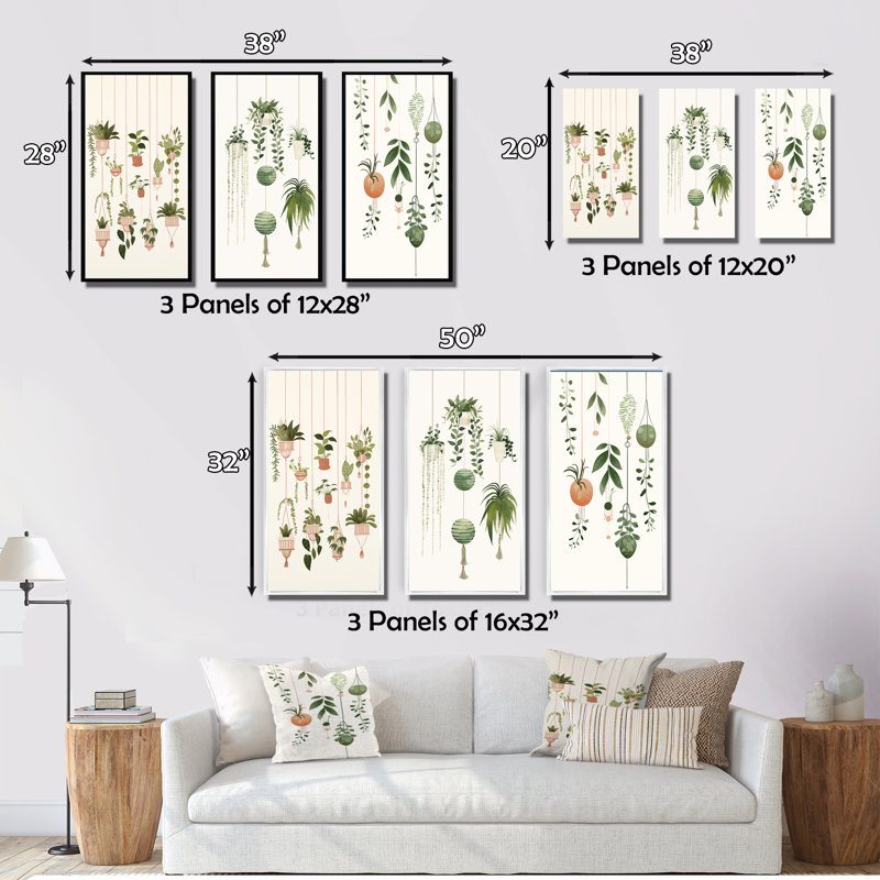 «Botanical Bliss Joyful Hanging Boho Houseplants», 3 pièces sur toile, H 28 po x l 36 po, Toile tendue