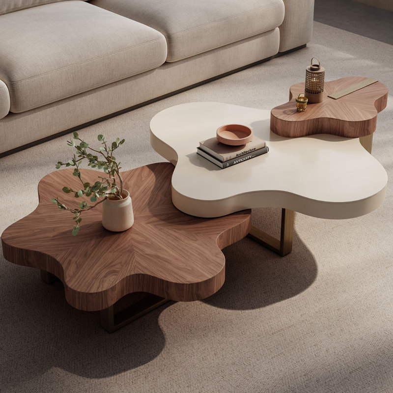 Arvante Designer Collection – Modern Cloud-Shaped 3-Piece Walnut Veneer Nesting Coffee Table Set