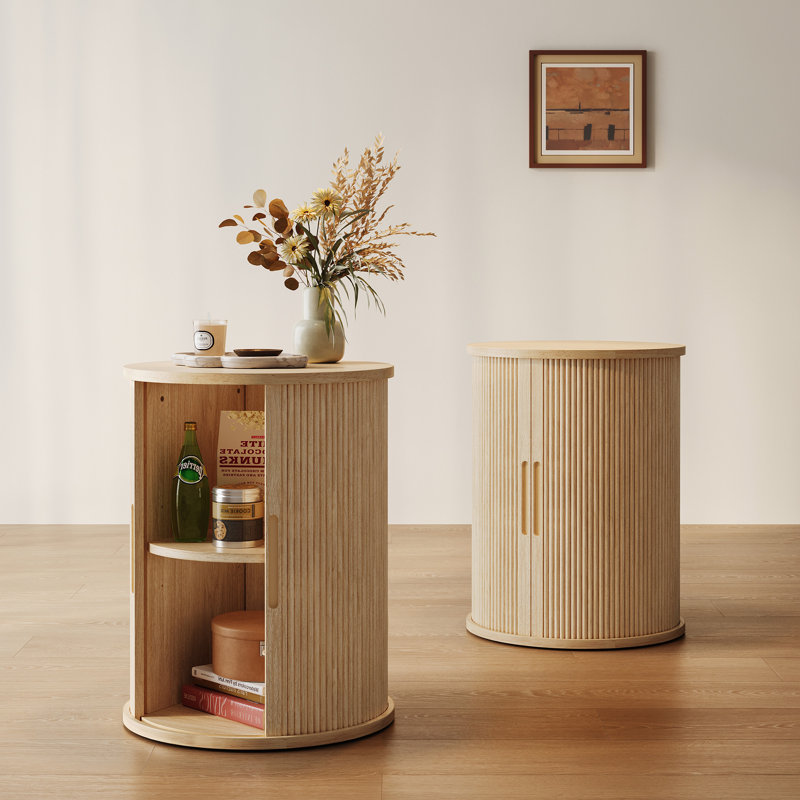 Round Fluted End Table With Sliding Tambour Door And Storage Shelf (Set Of 2), Oak Wood