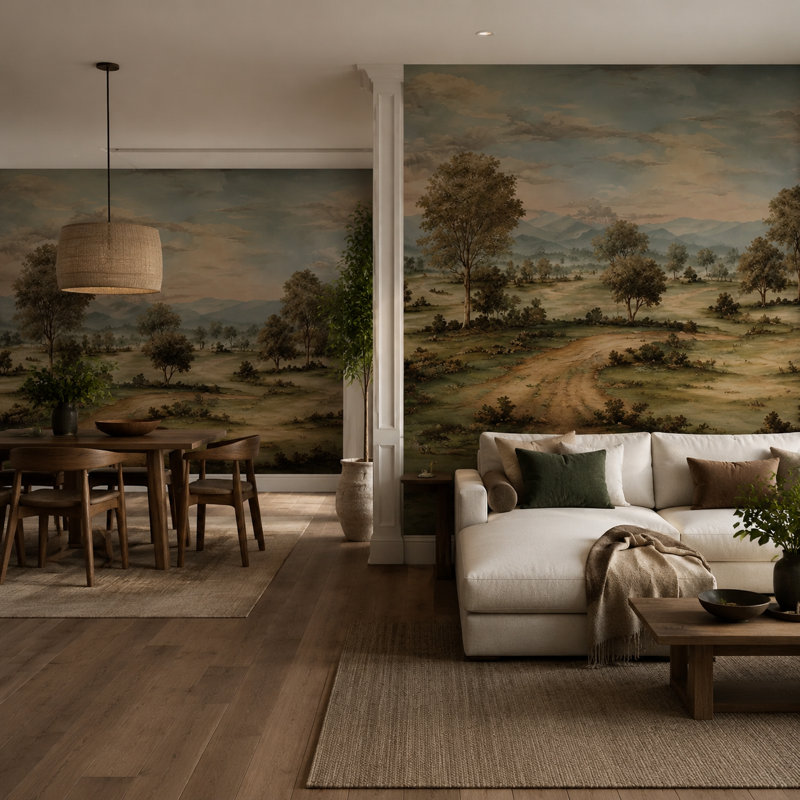 Murale de paysage de montagne rétro en vert et bleu, 40" L x 60" W, Peel & Stick