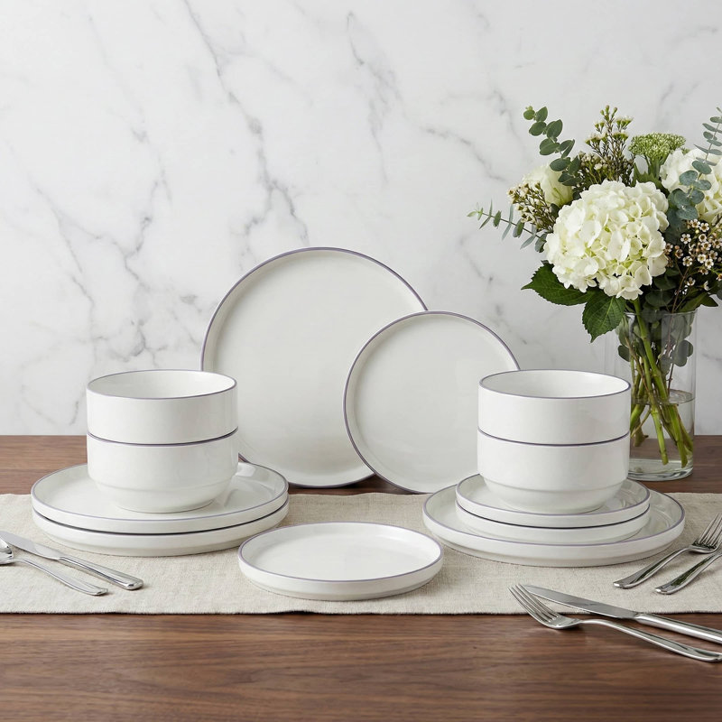 12pc Stackable Dinner Set, White/Purple