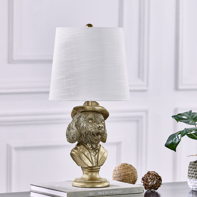 20" Gold Resin Doodle Table Lamp With Hat And Suit And Linen Shade, Gold, White