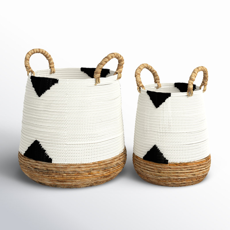 CosmoLiving by Cosmopolitan White Banana Leaf Handmade Triangle Details Decorative and Functional Storage Basket with Handles, Set of 2 21", 18"H