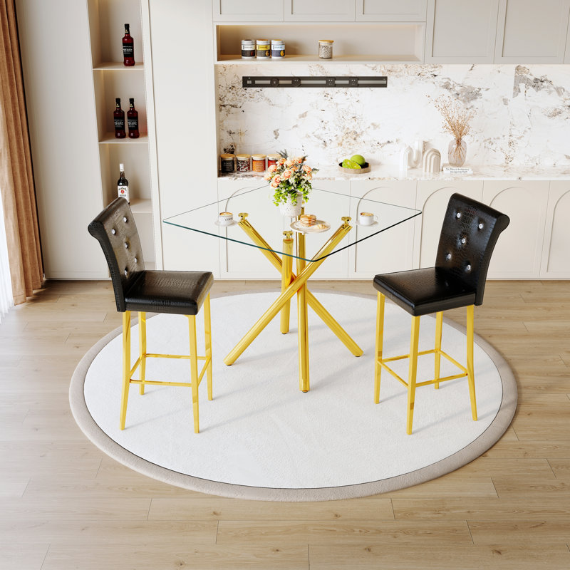 3 Pieces Dining Table Set, Glass Table And 2 Bar Stools, Black/Gold