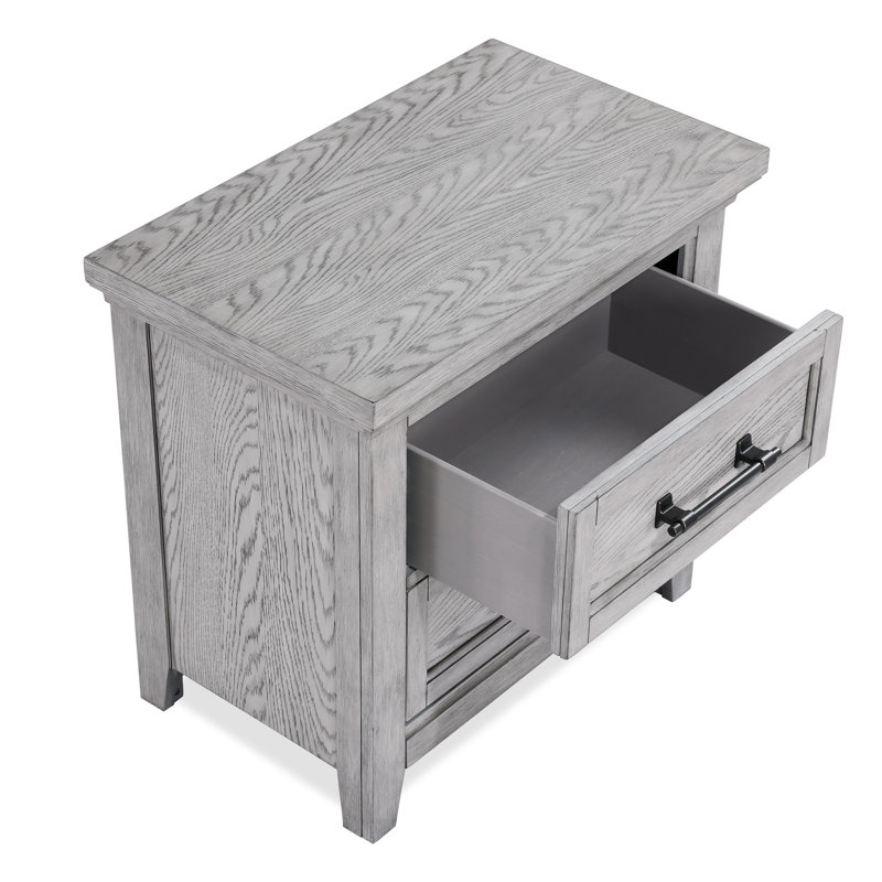 Table de chevet transitionnelle pour chambre à coucher avec finition grise et deux tiroirs - style et fabrication