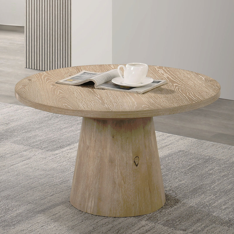 Table basse ronde de style contemporain avec structure en bois d'hévéa et piédestal en forme de cône, finition chêne, Chêne