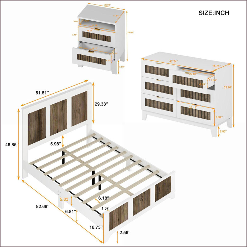 Ensemble de chambre avec grand lit 4 pièces, ferme blanche avec rangement | Panneau de particules | Lit à lattes
