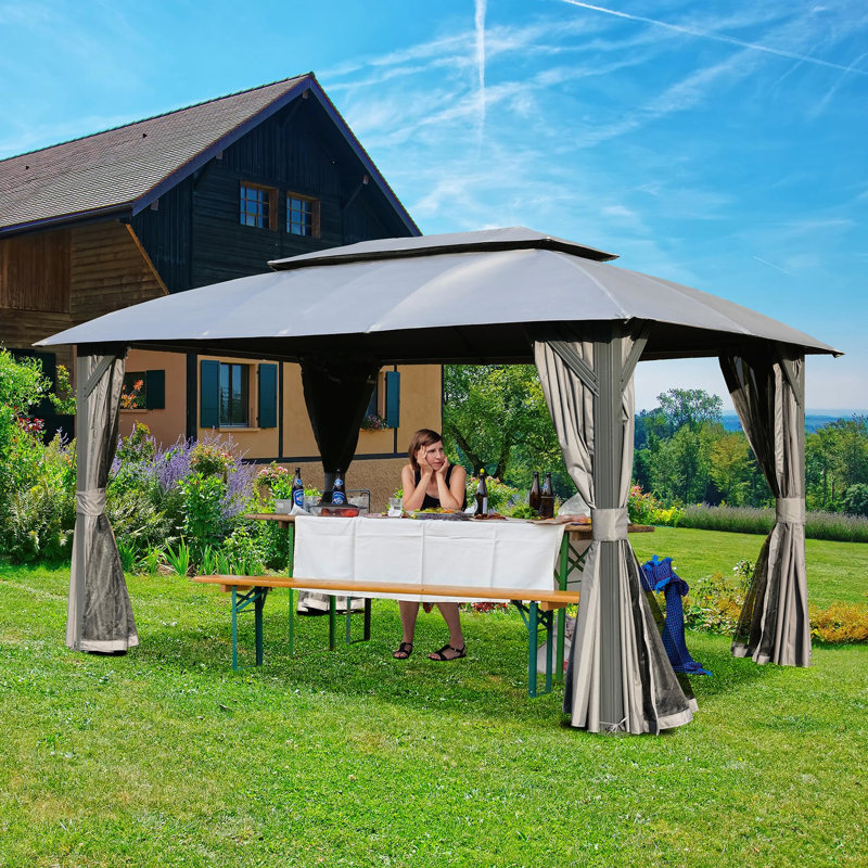 Pavillon de jardin gris 10 pi x 14 pi Double toit, filet. Fabrication en métal. . Accueille 6 à 8 personnes. Patio, tente de jardin 10 x 14 pi - gris Toits améliorés, rideaux d'intimité. Structure en acier. Tissu. Pour la cour arrière,