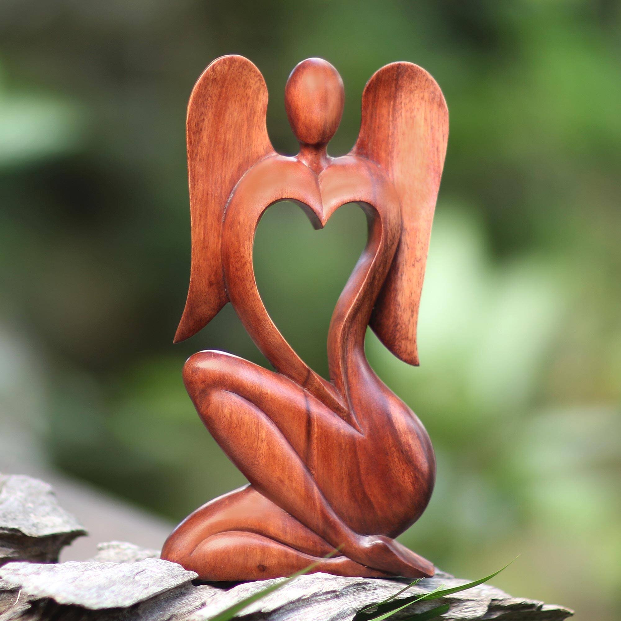 Hand Carved Natural Suar Wood Heart Statuette - Two Loves in Brown