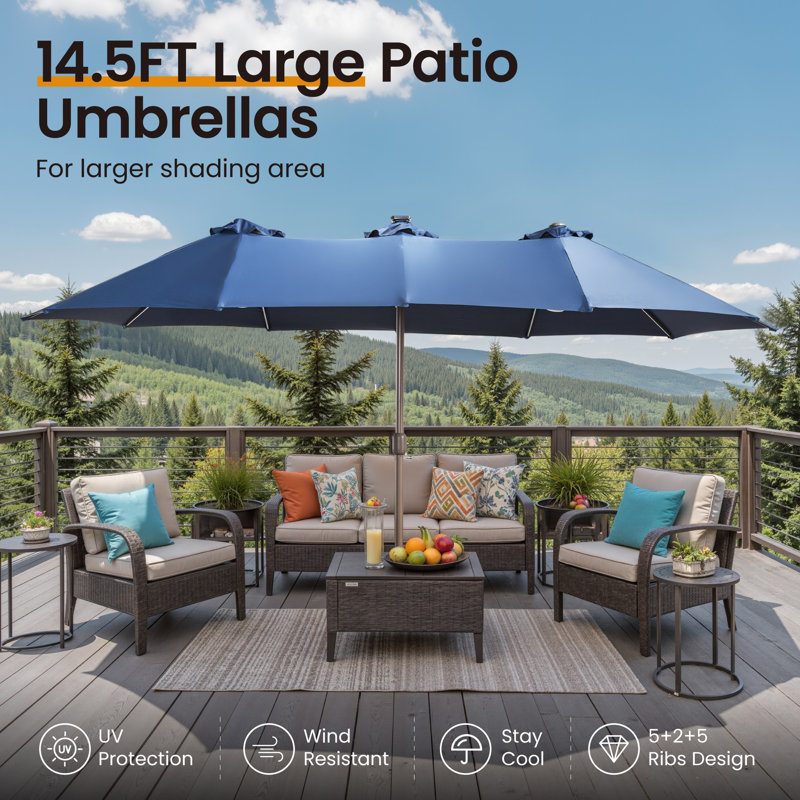 14.5 Ft X 8.3 Ft Rectangular Led Light Market Umbrella With Remote & App-Controlled Color-Changing Lights And Base, Blue