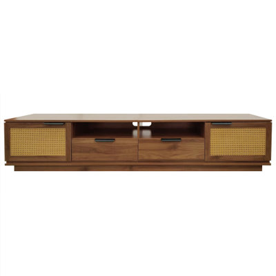 Meuble télé de 78 pouces (198 cm) pour téléviseurs jusqu'à 85 pouces (216 cm), console multimédia avec façades en rotin, deux tiroirs et étagères ouvertes pour salon, centre de divertissement moderne