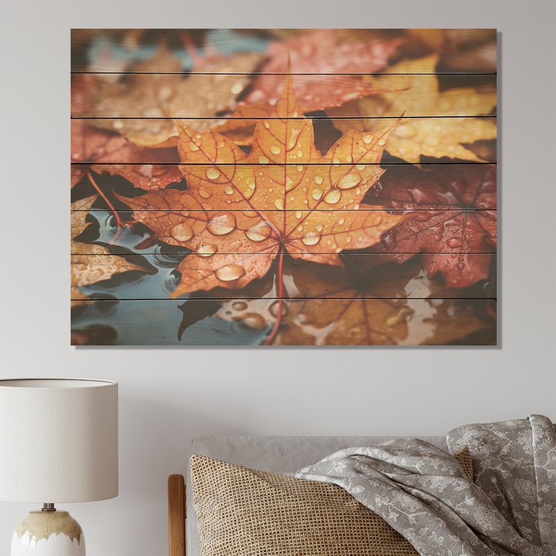 Yellow And Orange Autumn Maple Leaves II - Tree Maple On Wood Print, 10" H x 20" W x 0.78" D