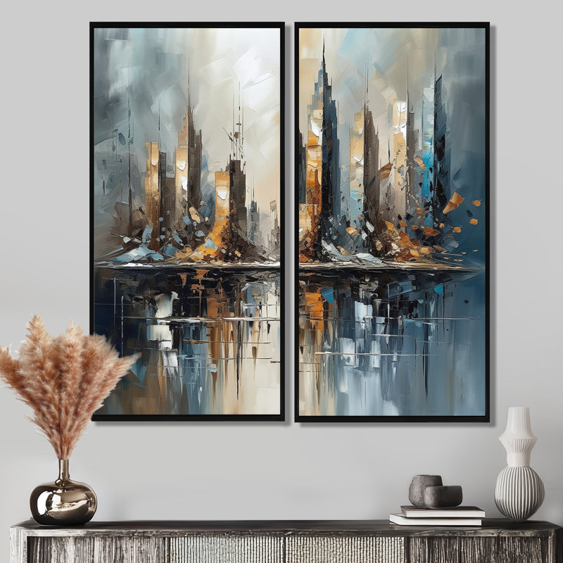 «Abstract City Skyline2», art mural sur toile grise 2 pièces, 32'' H x 32'' W, Impression encadrée flottante, Black