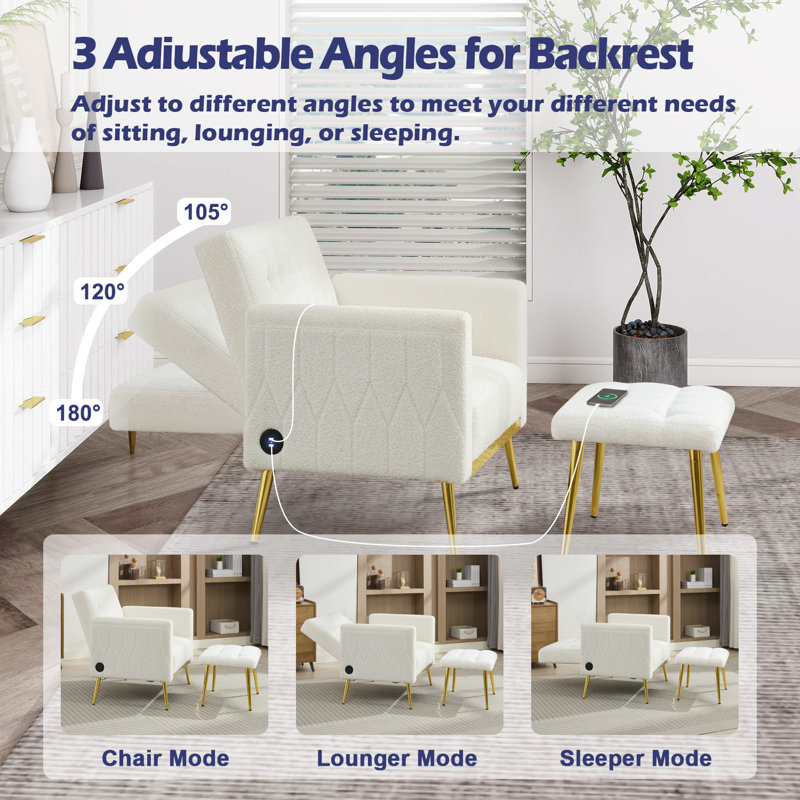 Velvet Armchair with Footstool, White