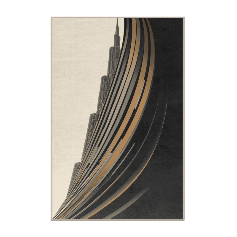 Tapis à motif d'arc moderne noir et beige lavable à la machine Burj Khalifa, 8 x 12