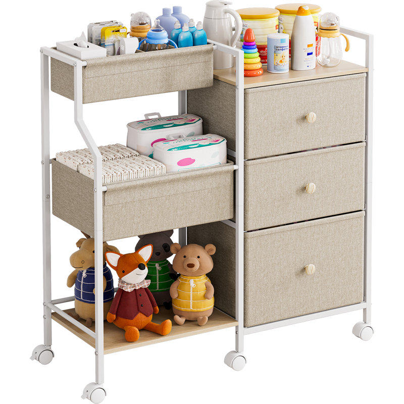 Baby Diaper Caddy Organizer and Storage - 3 Tier Rolling Cart with Dividers and Drawers, 13"D x 31.89"W x 33.5"H, Beige/White