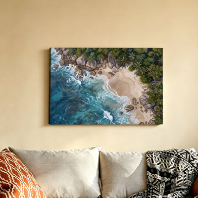 Canvas Wall Art Aerial View Tropical Seaside Beach Ocean Waves Oil Painting Print for Living Room