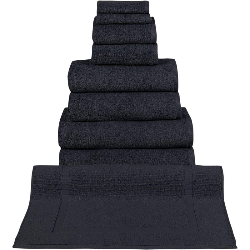 Blatec 9-Piece Guest Room Bath Towel Set with Bath Mat, Black