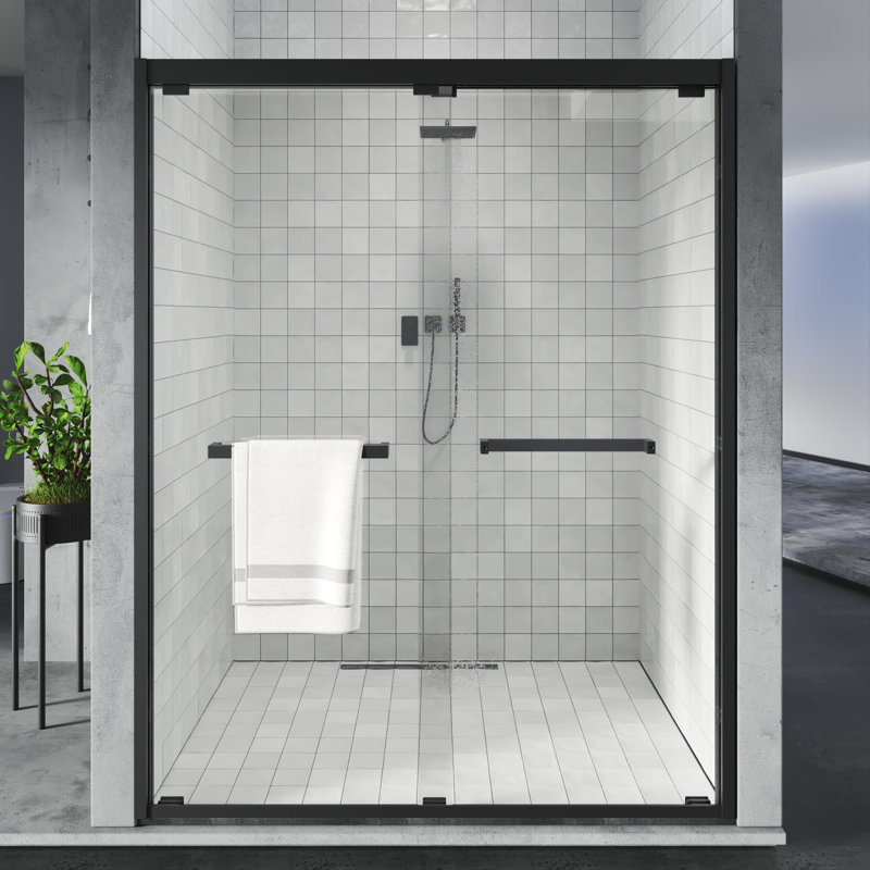 56"-60"W X 72"H Premium Sliding Semi Frameless Shower Door Double Bypass Door With Tempered Glass & Two Towel Bars, Black