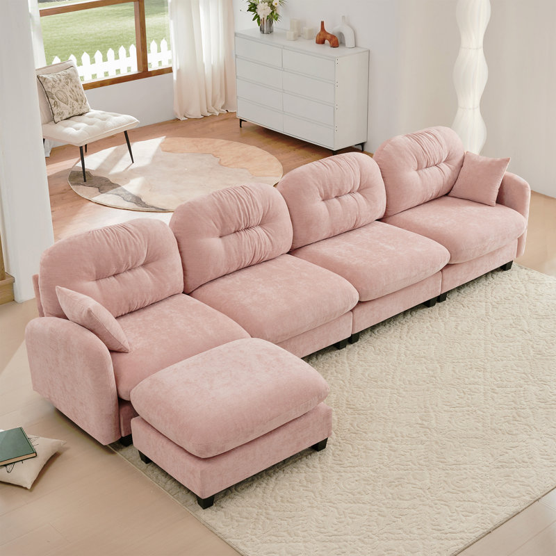 Canapé modulaire en L modulaire avec repose-pieds, tissu chenille doux, conception ergonomique, dossier capitonné, base en bois de haute qualité facile à installer, convient aux chambres à coucher, aux coins de lecture, rose