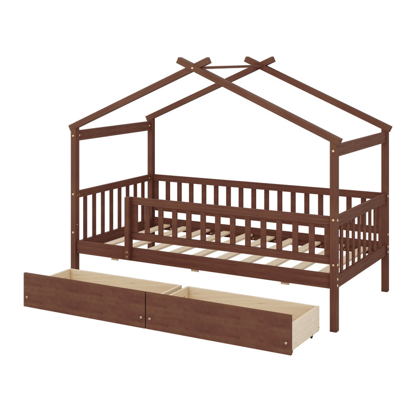 Lit en forme de maison avec tiroirs intégrés, Noyer