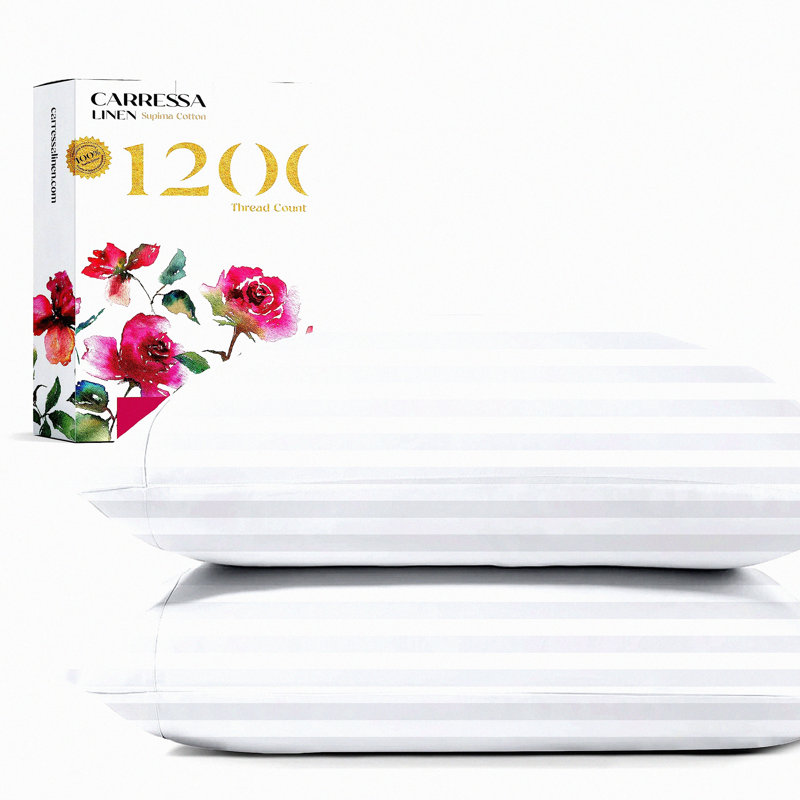 SupimaLux 1200 Thread Count Pillow Case Set - Luxury White Stripe Soft Breathable Covers for Size Pillows