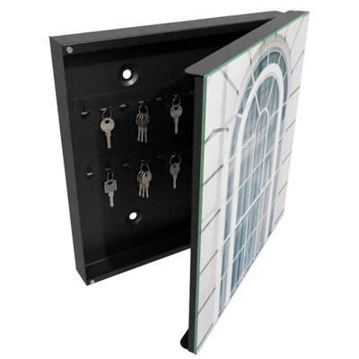 Key box for home, Opens to the right, 30x30x5, Black, Arched window with white frames, 
