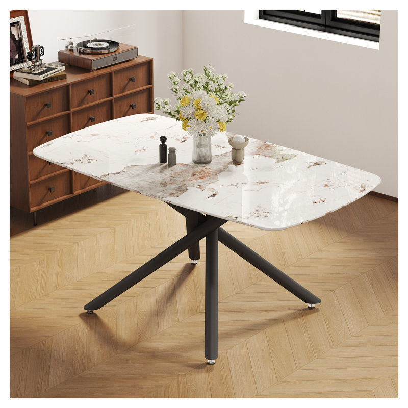 Table de salle à manger luxueuse en verre trempé 63 "avec motif en marbre blanc et pieds en métal noir - Table de cuisine moderne et élégante