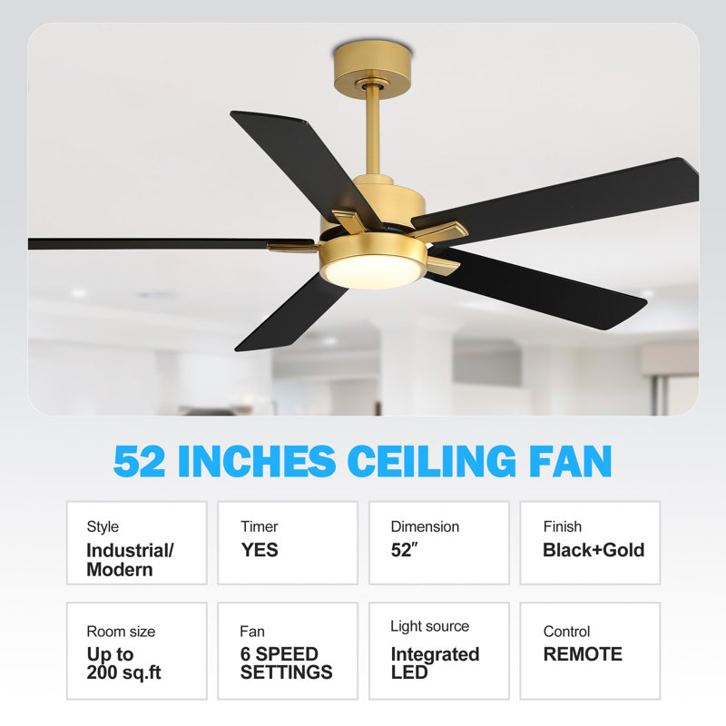 Rolanda 52" 5-inch Downrod Mount Ceiling Fan with Light Kit and Remote Control, Gold with Black Blades