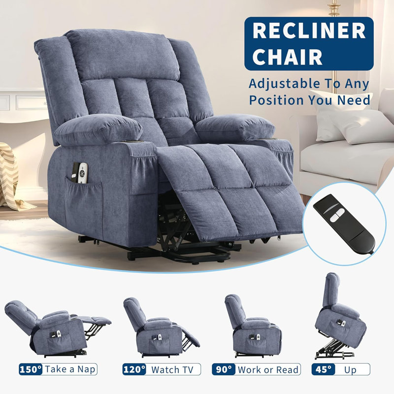 Fauteuil inclinable électrique large avec massage et chaleur, canapé électrique surdimensionné avec porte-gobelets, Bleu