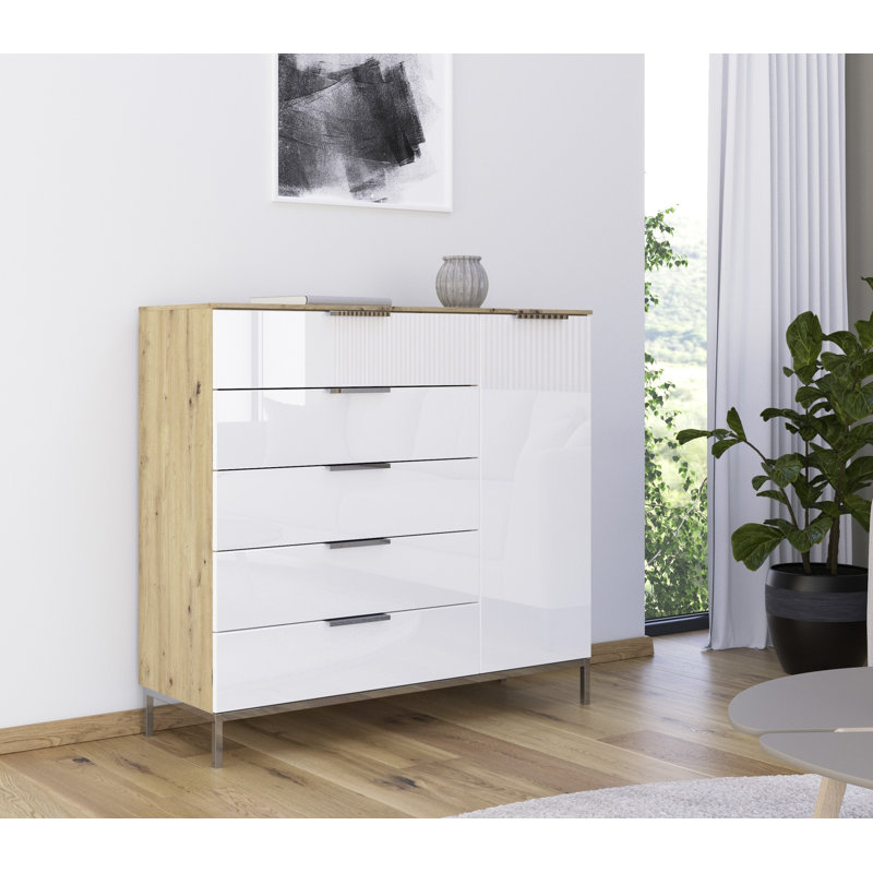 Flipp 5 - Drawer Chest of Drawers, Artisan Oak/White Glass/Chrome