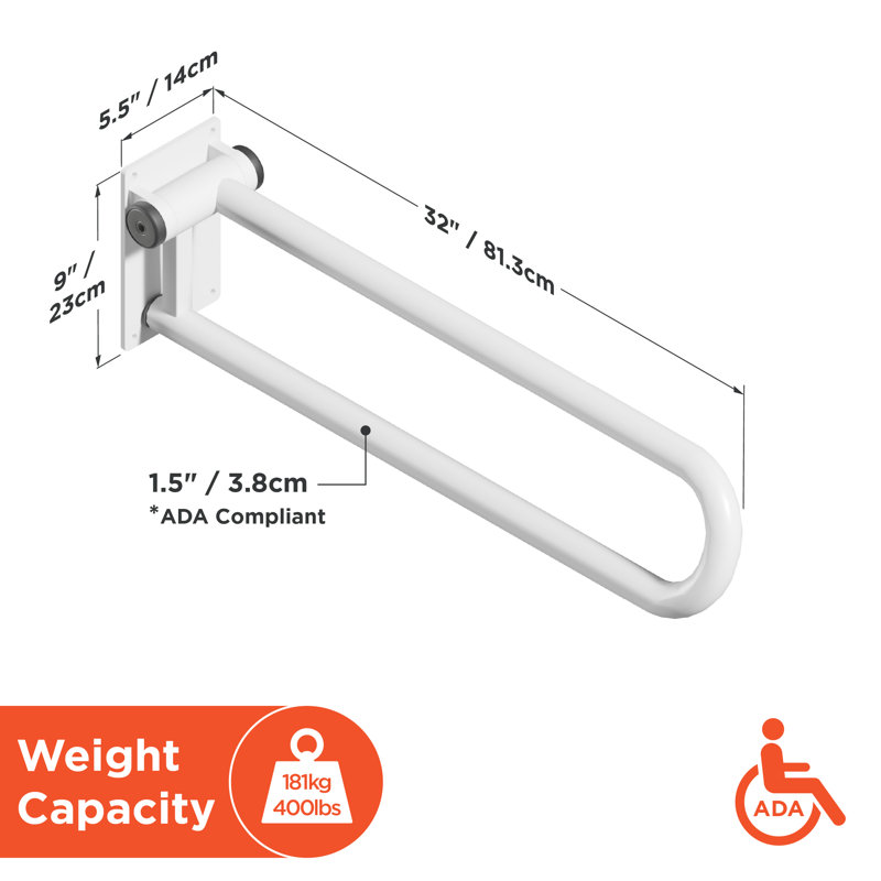 HEALTHCRAFT PT Hinged Rail, Flip Up Wall Mounted Support Rail, 32", Left, White