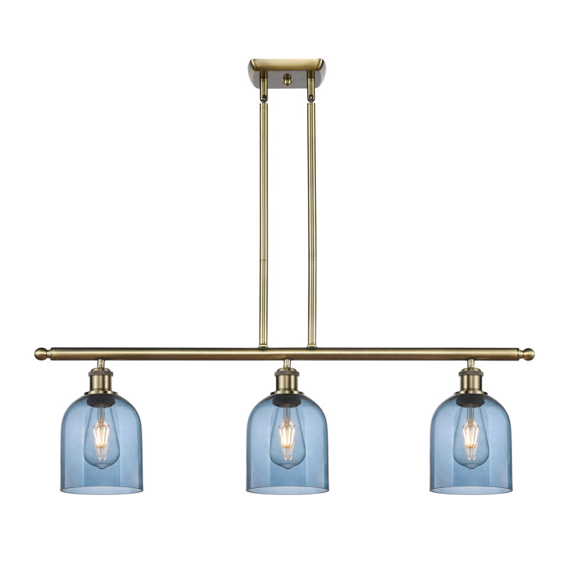 Luminaire suspendu pour îlot de cuisine 3 lumières Odaniel, Bleu princesse, Laiton antique