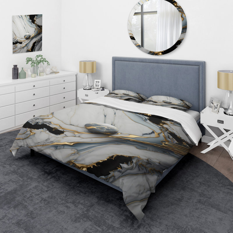 Ensemble de housse de couette en microfibre / polyester Abstract Geode Gold and White Marble III