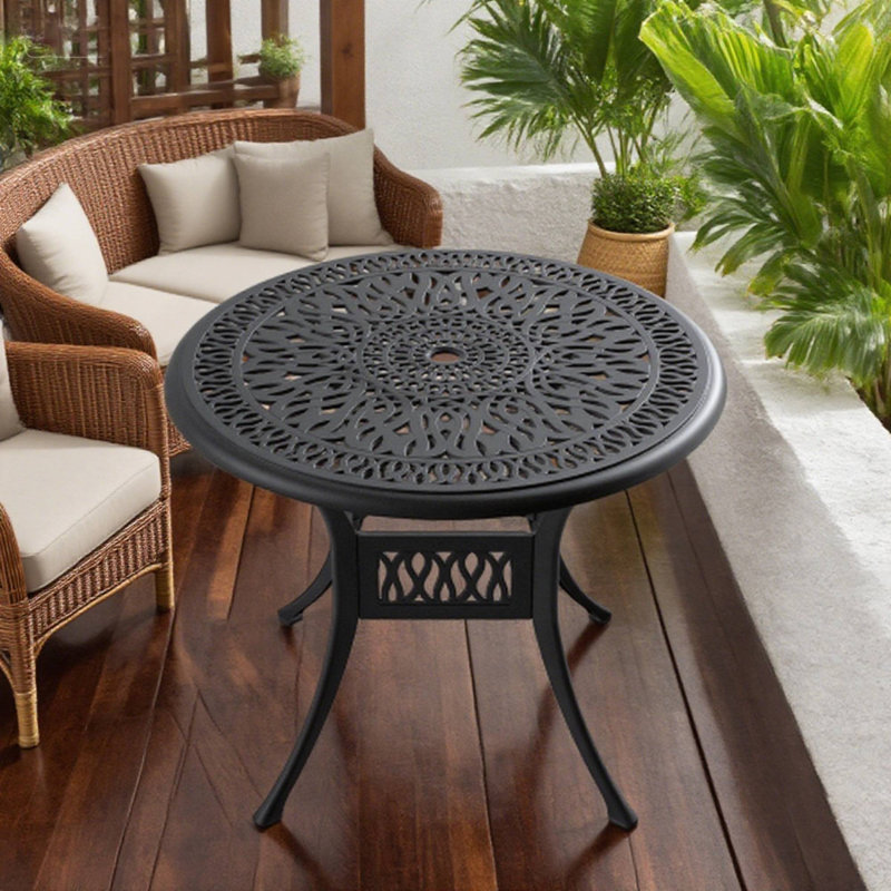 Table de salle à manger en aluminium coulé 35,43 po avec cadre noir et trou pour parasol