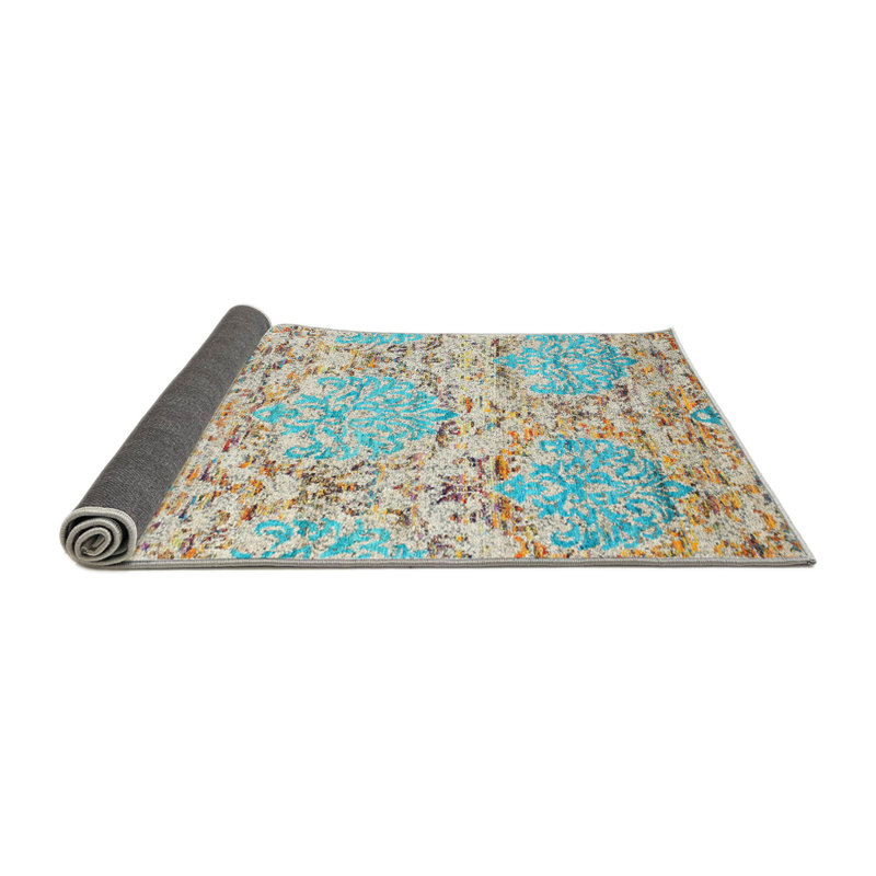 Tapis bleu/jaune contemporain, Rond 3 pi