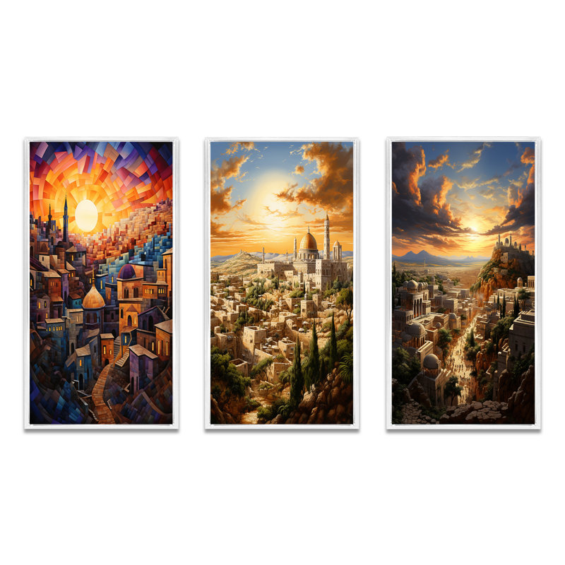 «Judaism Judaic Journey To Synagogue I», ensemble de 3 pièces sur toile, Cadre blanc, H 40 po x l 60 po