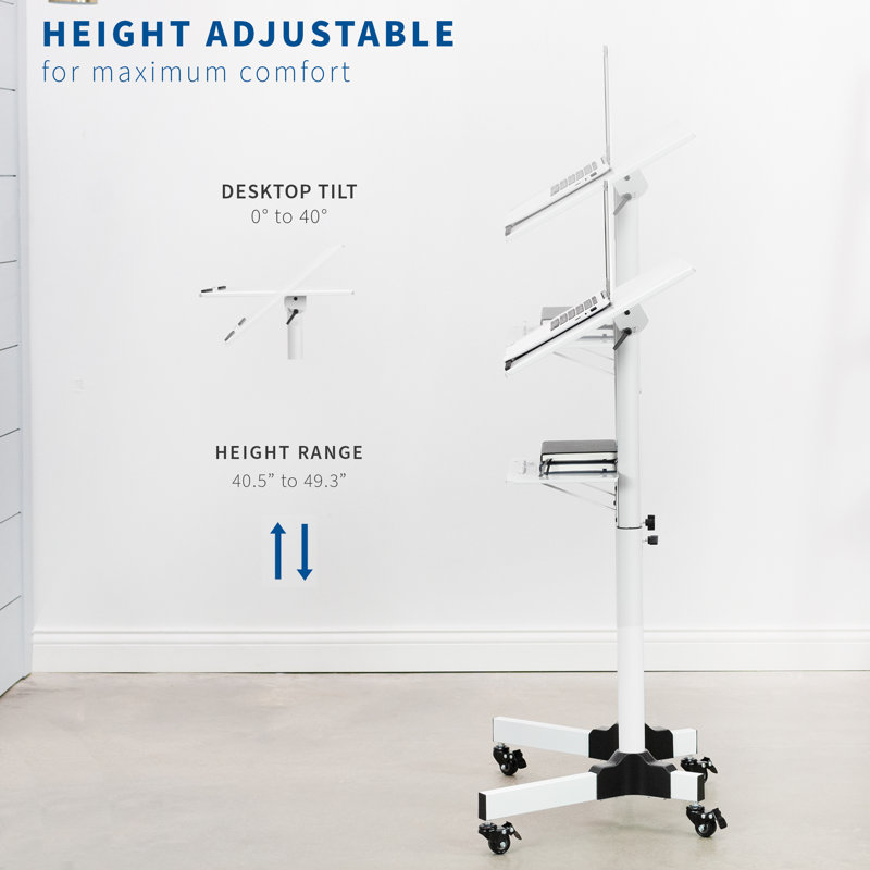 White Adjustable Steel Mobile Podium with Storage Tray