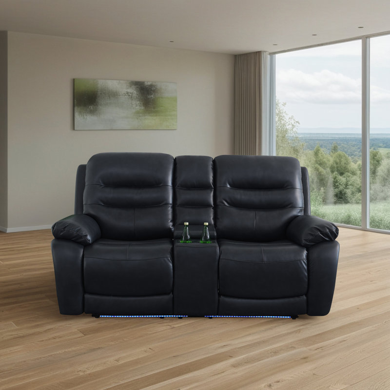 Causeuse inclinable à double alimentation avec console centrale, charge USB et éclairage DEL - Canapé en cuir noir respirant Smart pour deux