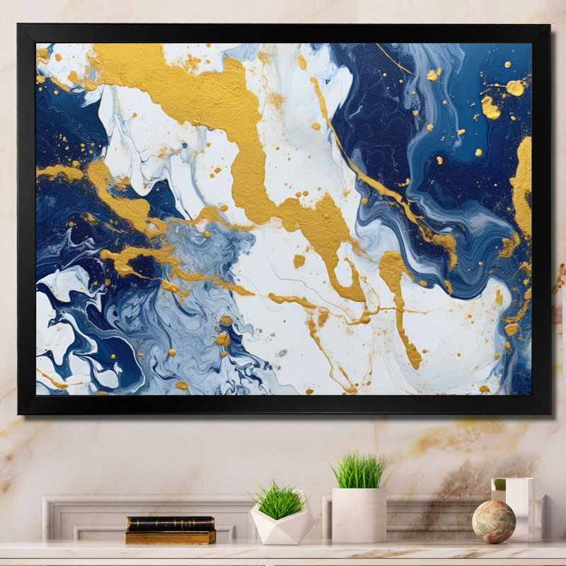 Bleu et or, art abstrait fluide de luxe, art mural fractal pour salon, H 12 po x l 20 po x P 1 po, Cadre simple noir